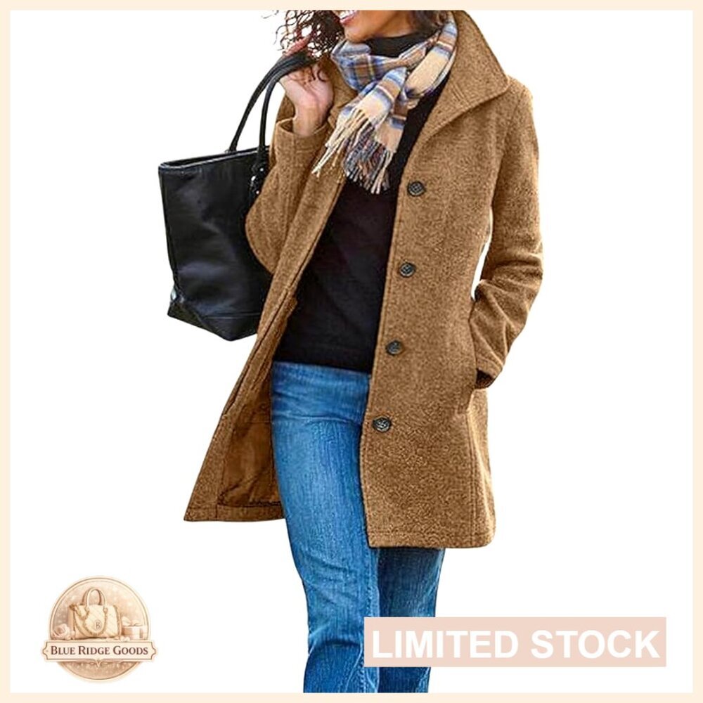 Classic Wool Blend Pea Coat Stand Collar Single Breasted Winter Mid Long